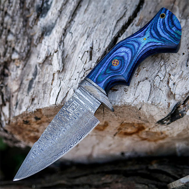 10-inch Handmade Damascus hunting knife with leather sheath Fixed blade knife for men Ergonomic Blue wood handle